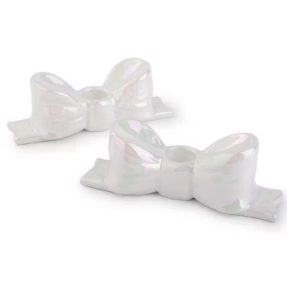 New! Set of 2 Bow Candle Taper Holders, Ceramic White Iridescent
